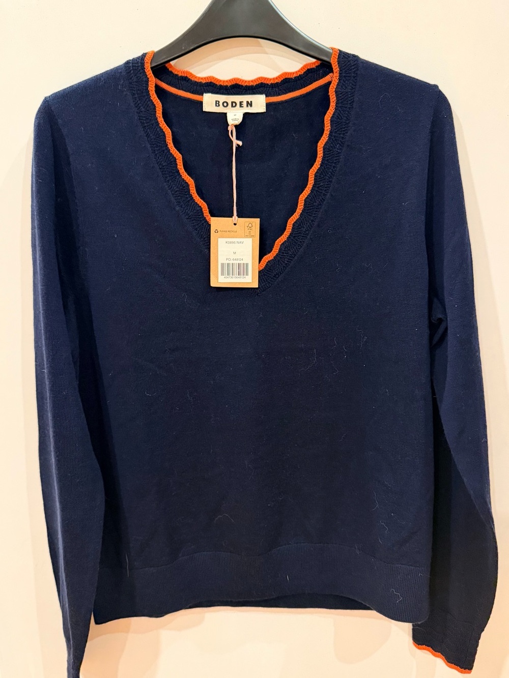Boden Navy Sweater with Orange Scalloped Trim